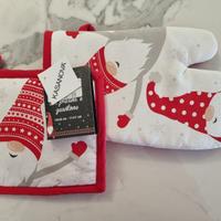 Set guanto e presina gnomi Natale bianco