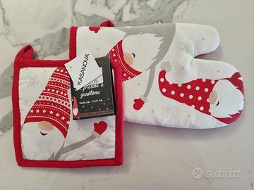 Set guanto e presina gnomi Natale bianco