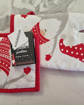 Set guanto e presina gnomi Natale bianco