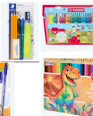 kit,set,scuola penne colori matite fogli colla