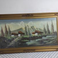 Quadro Antico Case di Montagna con Lago 141 X 81cm