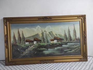 Quadro Antico Case di Montagna con Lago 141 X 81cm