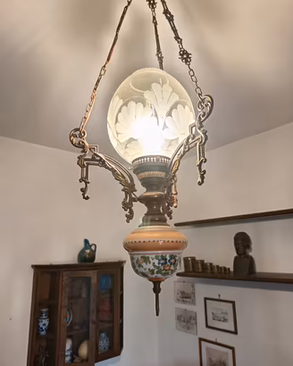 Lampadario vintage  ottone e ceramica