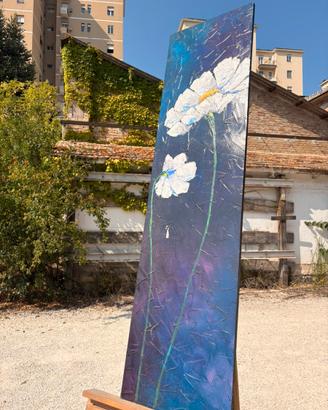 Quadro moderno materico fiori bianchi 42x162 cm