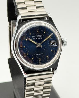 pilsen blue vintage watch 33mm swiss made nos