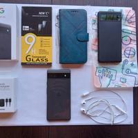 Google Pixel 6a + custodie, caricatore, auricolari