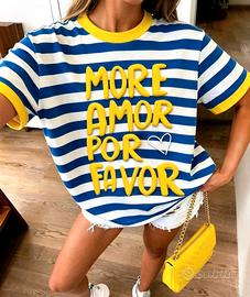 T-Shirt a righe "More Amor por Favor" con dettagli