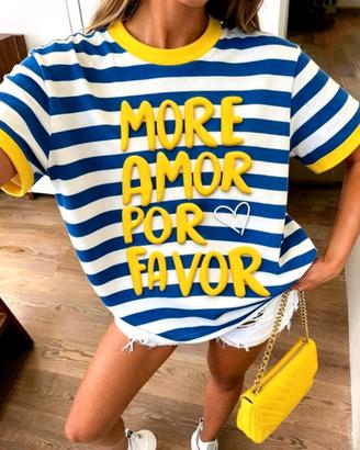 T-Shirt a righe "More Amor por Favor" con dettagli