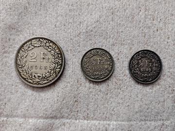 Lotto 3 monete franchi svizzeri argento.
