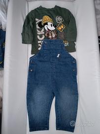 salopette jeans neonato e t-shirt manica lunga 