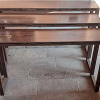 set di tre panche in legno e ferro impilabili