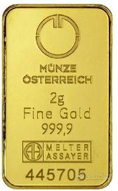 LINGOTTO 2g MUNZE OSTERREICH ORO PURO 999 NUOVO