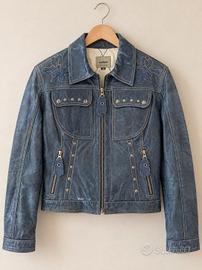 Giacca Conbipel vera pelle blu ricamata vintage