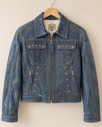 Giacca Conbipel vera pelle blu ricamata vintage