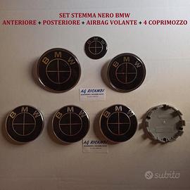 KIT FREGIO STEMMI BMW LOGO ORIGINALE ANTERIORE+POSTERIORE+VOLANTE+4 TAPPI  RUOTA