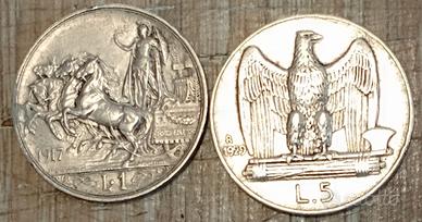 #2239 - 2 monete Regno d’Italia 1 e 5 Lire Argento