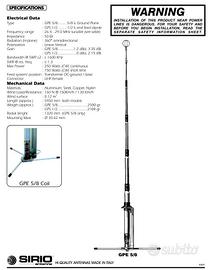 Antenna Sirio GPE 5/8 mai usata Radio Cb 27mhz
