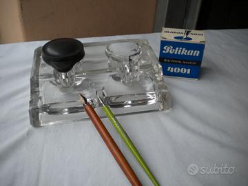 Calamaio doppio anni 30-40 vetro da scrivania