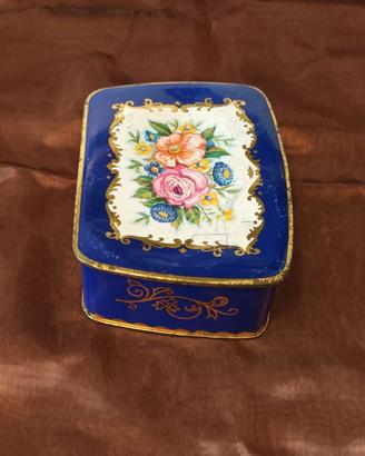 Scatola latta vintage Dufour blu oro fiori
