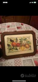 Vassoio vintage in legno e vetro con manici