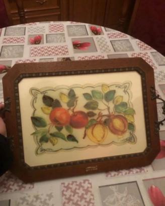 Vassoio vintage in legno e vetro con manici