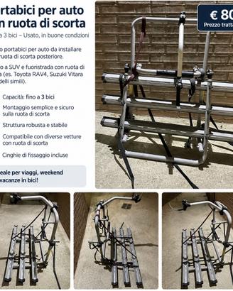Portabici 3 bici per auto con ruota di scorta
