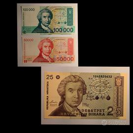25 (1991) + 50000 + 100000 (1993) dinari Croazia