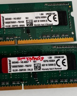 2 banchi RAM Kingston 4GB DDR3L 1600MHz
