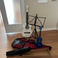 Chitarra, uculele, leggio + custodie