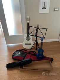 Chitarra, uculele, leggio + custodie