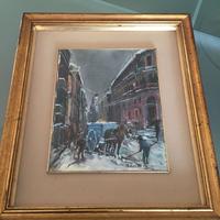 Coppia quadri vintage Città sotto la neve