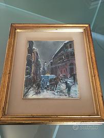 Coppia quadri vintage Città sotto la neve