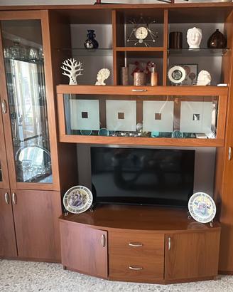 Parete attrezzata salone legno e vetro