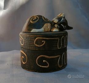 Portagioie Scatola Vintage Legno Intagliato Gatto
