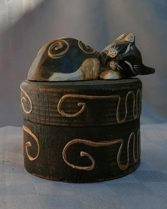 Portagioie Scatola Vintage Legno Intagliato Gatto