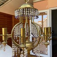 Lampadario ottone con pendenti cristallo viola