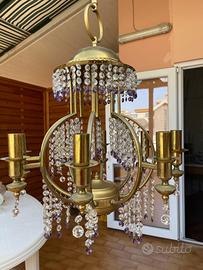 Lampadario ottone con pendenti cristallo viola
