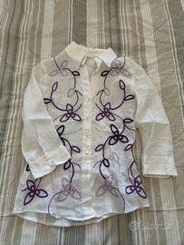 Camicia in lino con ricami violae lilla AND