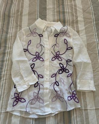 Camicia in lino con ricami violae lilla AND