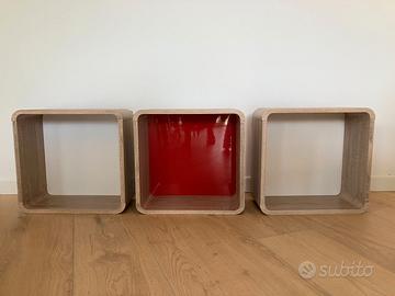 Set 3 cubotti/mensole da parete legno rosso bianco