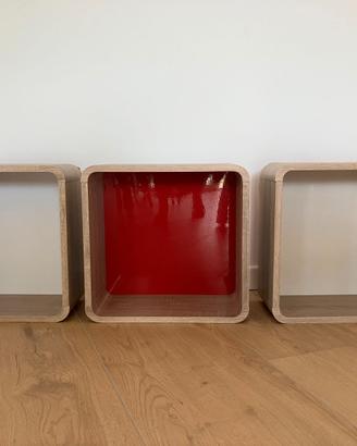 Set 3 cubotti/mensole da parete legno rosso bianco