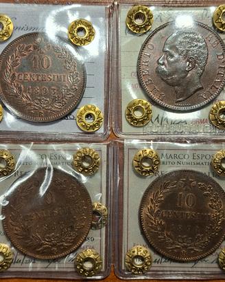 Giro completo dei 10 centesimi Umberto I, fdc ross