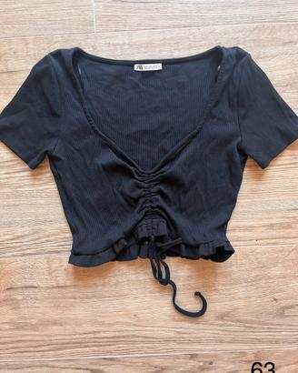 Crop top nero Zara arricciato a coste - Taglia L