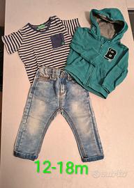 Set 3 pezzi: felpa, maglia, jeans 12-18m