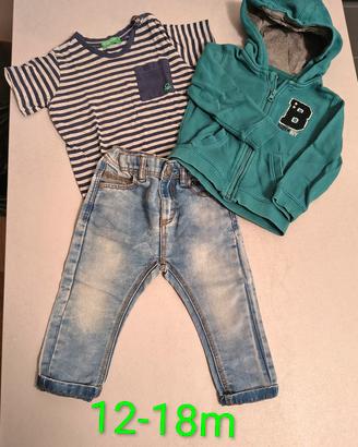 Set 3 pezzi: felpa, maglia, jeans 12-18m