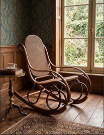 sedia dondolo stile thonet, legno , paglia