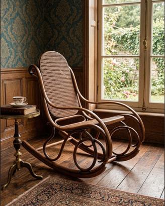 sedia dondolo stile thonet, legno , paglia