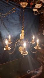 lampadario anni 50 ottone e porcellana revisionato