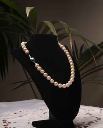 Collana di perle vere con cuore  oro bianco 18k