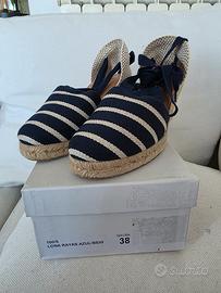 espadrillas con lacci zeppa 7 blu righe panna 38